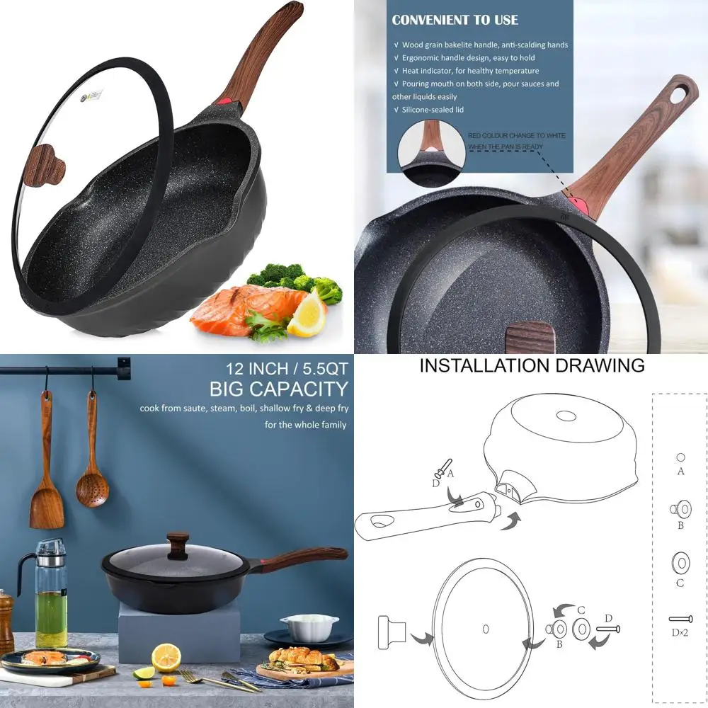 

12-дюймовая антипригарная сковорода с крышкой, подходит для индукционных плит, 5,5 кварт, немецкое покрытие 3C+, индикатор нагрева