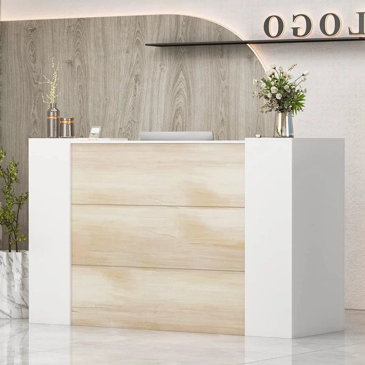 Large Reception Desk with Counter, Retail Counter with Private Lockable Storage & Adjustable Shelves