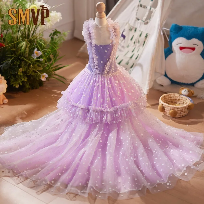 Original Light Purple Polka Dot Suspender Removable Trailing Pet Dress Noble and Elegant Pet Clothing Can Participate in Parties