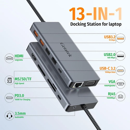 Getatek 13 in 1 노트북 USB C 도킹 스테이션, 10Gbps USB C 허브, USB 3.2 허브 포함, 4K HDMI VGA 100W PD 충전, 맥북 프로용 RJ45 