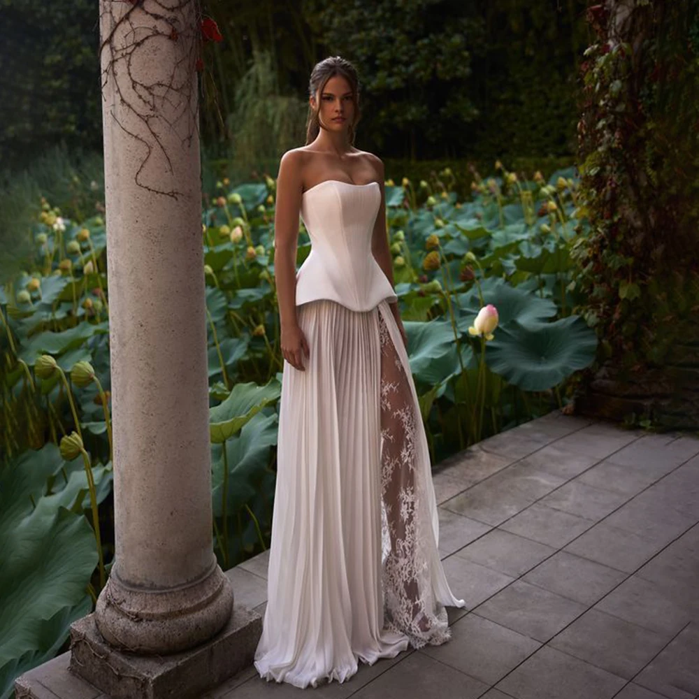 

Two-Pieces A-line Lace Boho Pleated Wedding Gown Boat Collar Side Slit Lace up Back Long Beach Bridal Dress Custom Made