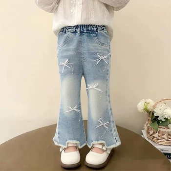 Jeans Spring and Autumn Washed Soft Denim Baby Girl All-Match Middle Pants Korean Children's Trousers