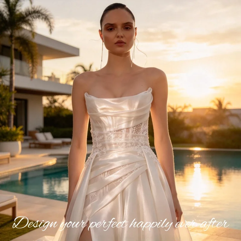 Illusion Lace Satin Bridal Gown Strapless A Line Slit Wedding Dress Vestidos De Novia Customized