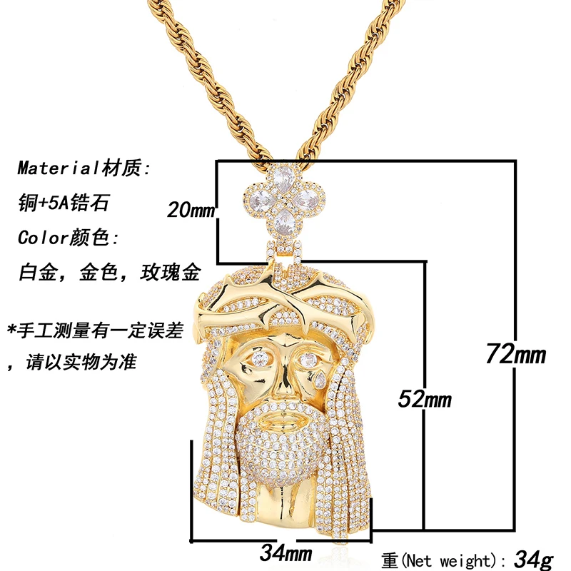 Hip Hop 3A+ CZ Stone Bling Iced Out Cross JESUS in Tears Pendants Necklace for Women Men Rapper Jewelry Gold Silver Color
