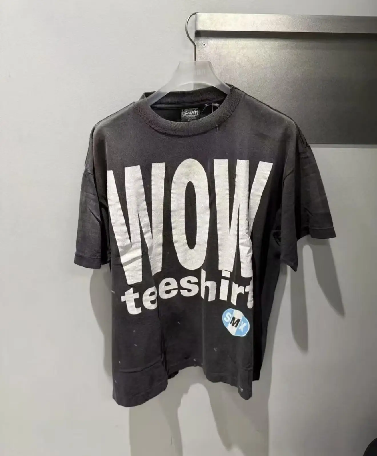 High Street Saint Vintage Washed Distressed Chest Letter Print Crew Neck Short Sleeve T Shirt Men's Clothing Women's Clothes