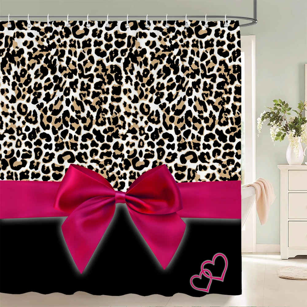 1 pc Modern Bowknot leopard pattern Shower Curtains With Hooks  Bathroom Curtains Printing Shower Curtain Home Decor Curtain