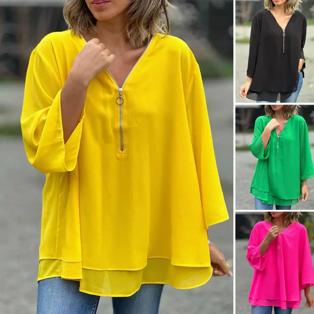 Natural Feel Blouse Elegant Women\'s Chiffon Shirts with V-neck Zipper Detailing 3/4 Sleeve Pullover Tops Double Layer Hem for A