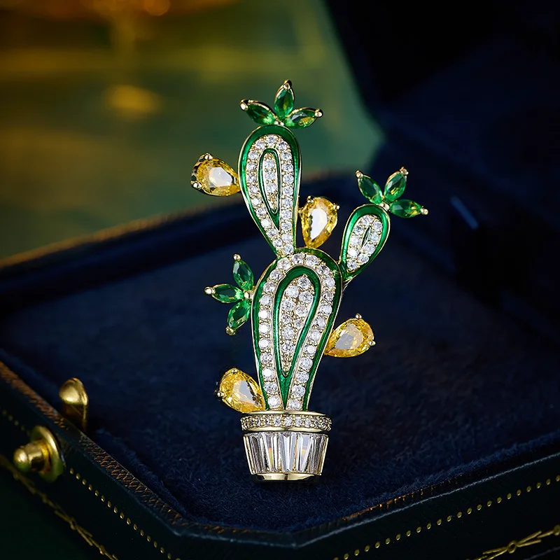 

Elegant Cactus Brooch with Cubic Zirconia 18K Gold Plated, Enamel Plant Pin for Shirt Jacket Unique Nature Jewelry Wholesale
