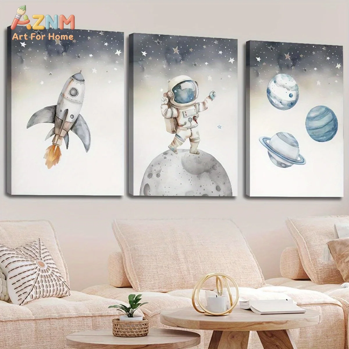 AZNM Watercolor Cute Astronaut Rocket Space Planet Canvas Wall Art, Nursery Outer Space Star Print Poster, Unframed Single Piece