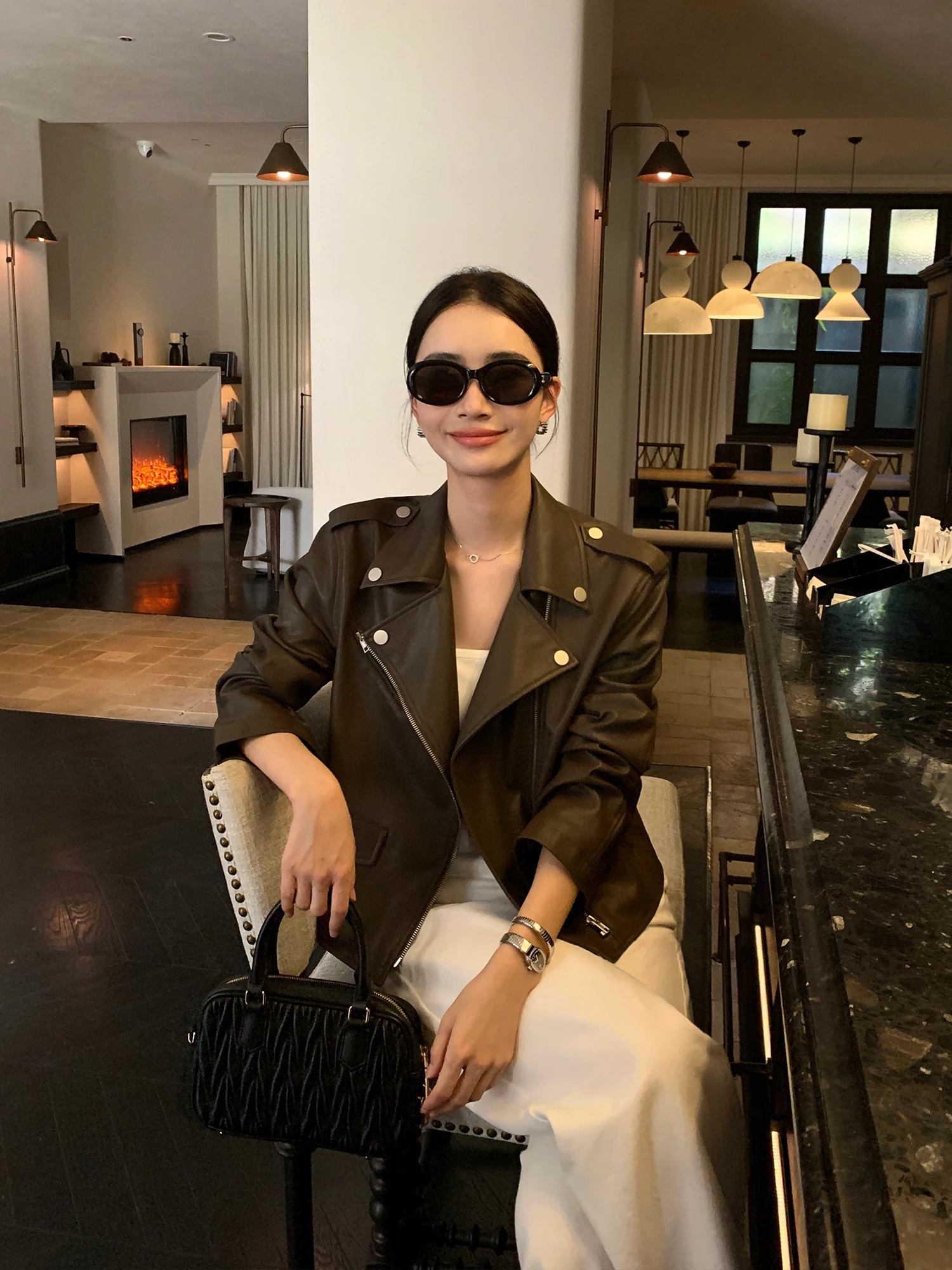 

Pusumede Black Biker Jacket Women's Retro Loose Short Coat Street Style Zipper Closure Long Sleeve Youth Fashion PU Leather