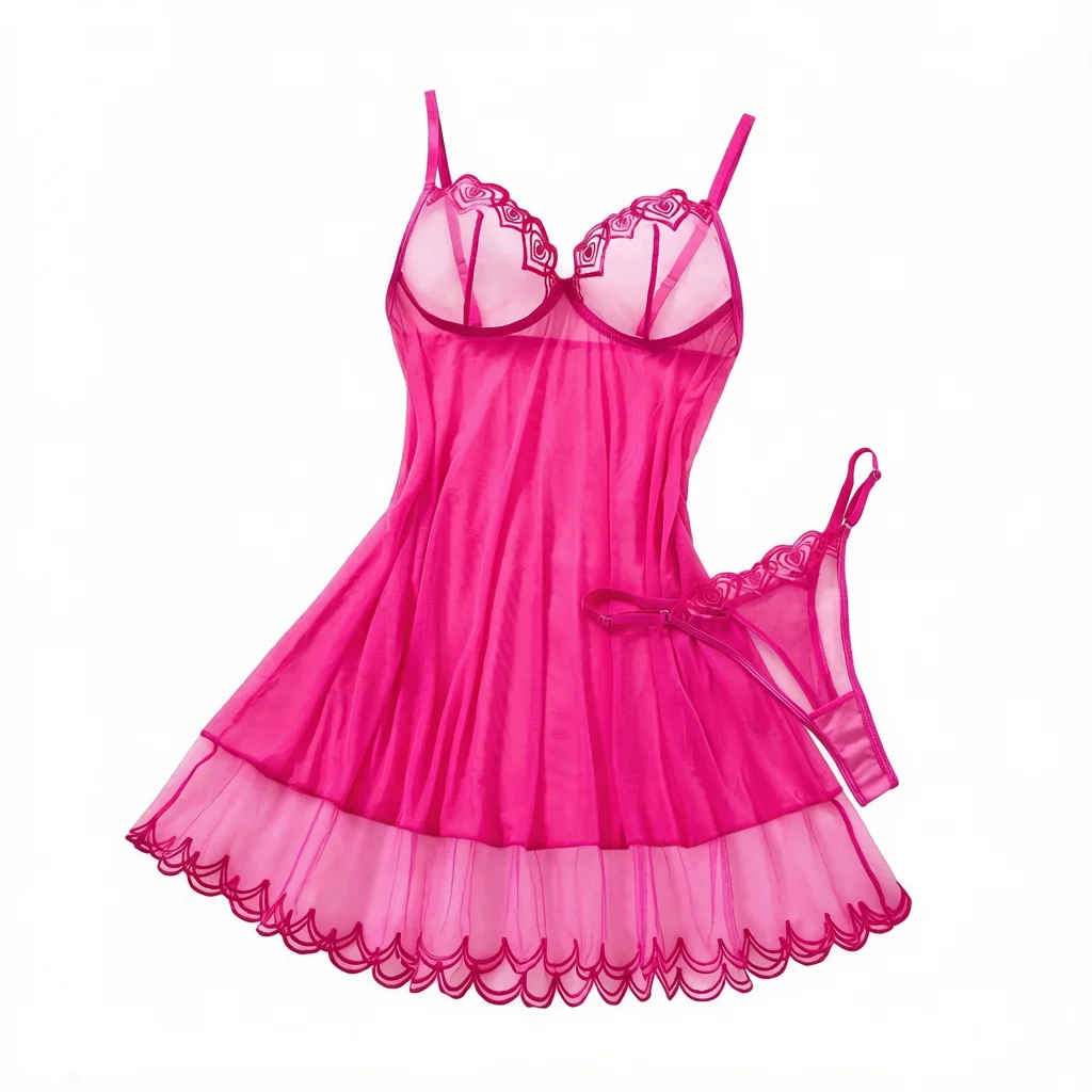 Hot Pink Scalloped Lace Mesh Babydoll Lingerie Set Underwire Nightgown With Matching Thong Women Sleepwear ZA825181