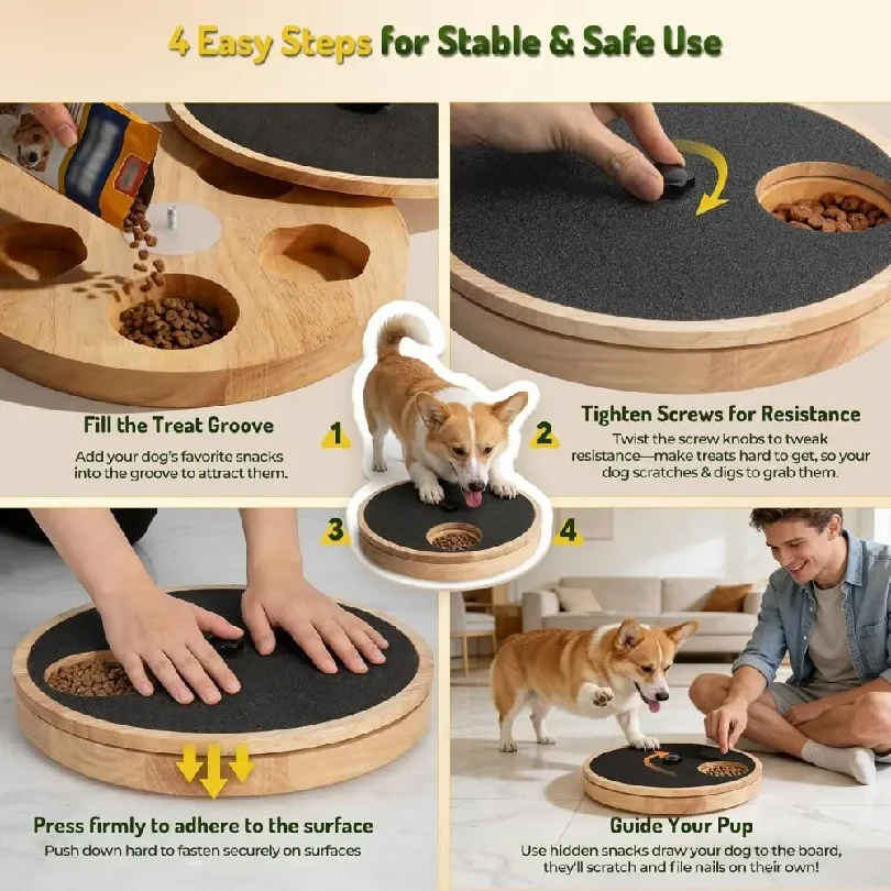 Wooden Dog Nail Scratch Board with Treat Box Anti-Slip Dog Paw Care File Toy Adjustable Tension Rotating Dog Scratch Pad