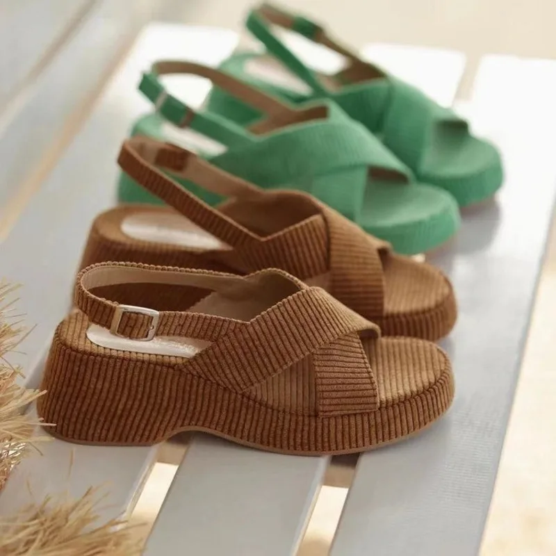 Women's Slope Heel Sandals 2024 New European American Large Lazy Fleece Cross Belt Casual Fashion Open Toe Thick Sole Sandals