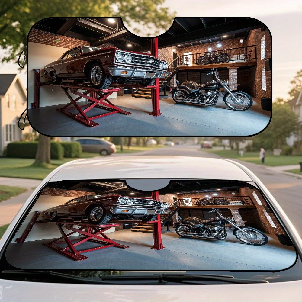 

1 шт., классический автомобильный мотоциклетный гаражный внутренний стиль, автоматический солнцезащитный козырек на лобовое стекло, модный аксессуар для интерьера с принтом, сохраняет V