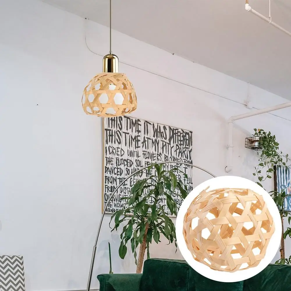 

Bamboo Cage Woven Bamboo Lamp Shade Globe Hexagonal Eyes Bulb Lampshades Vintage Removable Chandelier Cover Chandelier