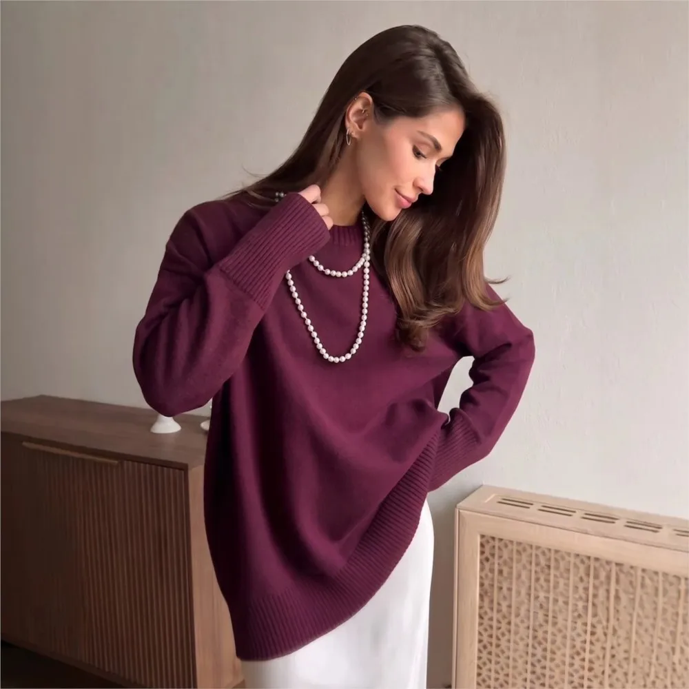 MsChuh Women's Jumper Pulls Femmes All-match Loose Simple Style Sweater Pullover Temperament Daily Lazy Solid Color Long Sleeves
