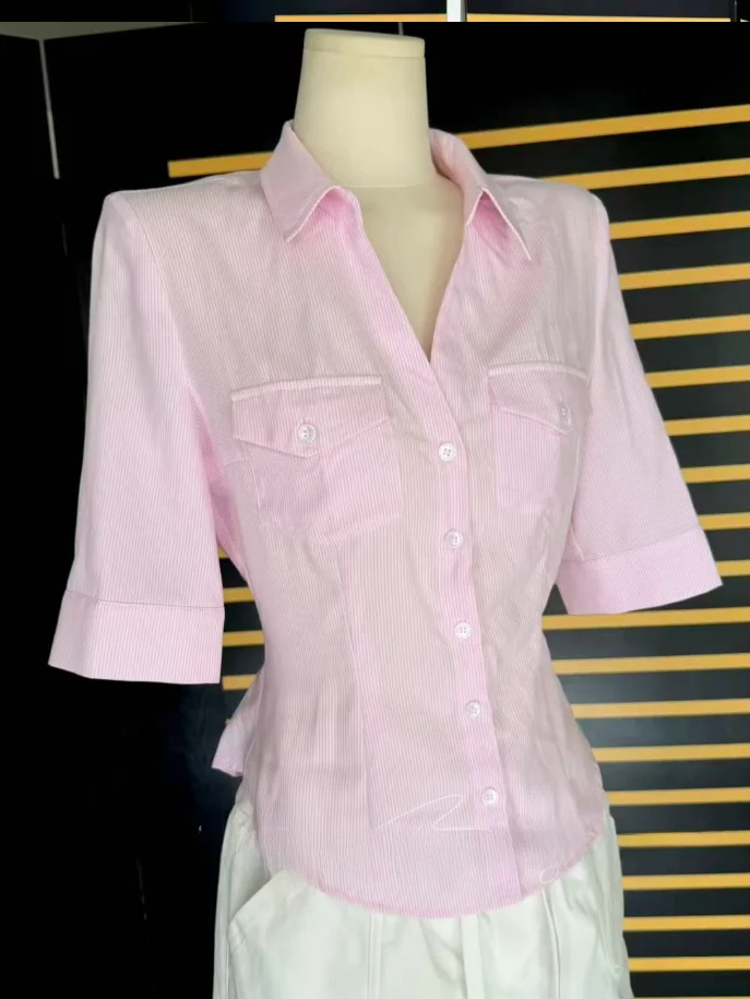 Slim Fit Striped Short Sleeve Shirt Elegant Pink Top Sexy Pure Desire Casual Style Women's T-shirt Summer Collection