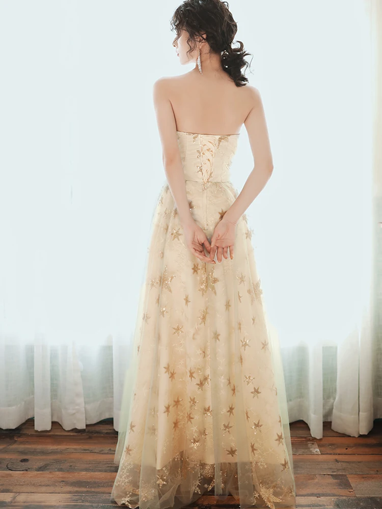 Robe de Soirée en Tulle pour Femme, Tenue de Bal, Couleur Champagne