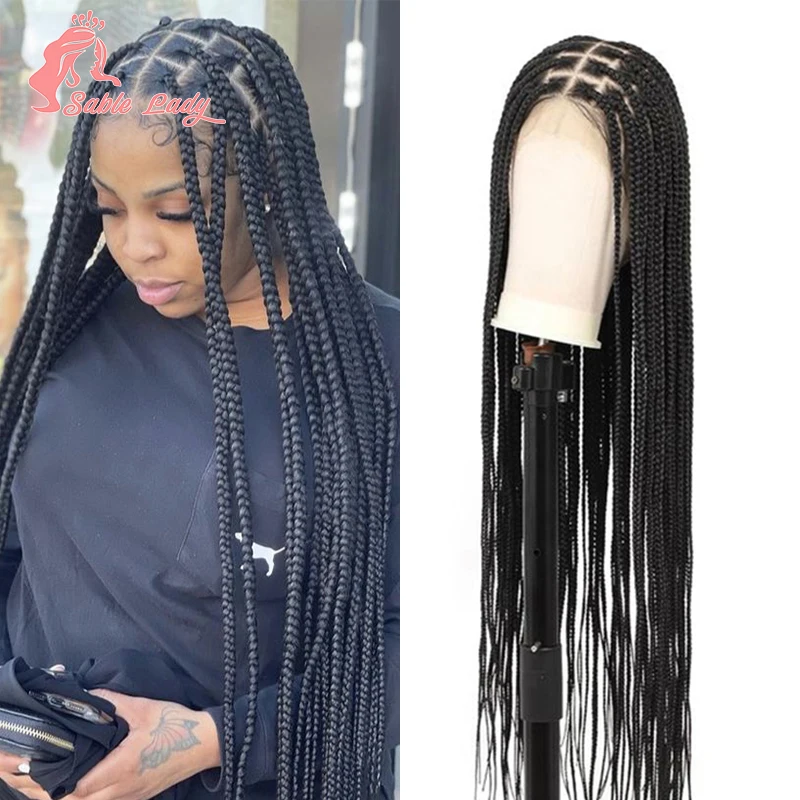 

36" Synthetic Braided Wigs Long Black Large Box Braid Wig Full Lace Hair Jumbo Braids Hair Cornrow Braid Wig Goddess Sable Lady