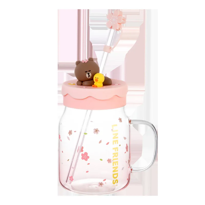 Anime 800Ml Pink Brown Bear Glass Cup Kawaii Portable Handle Water Mug with Lids Straws Fashion Sweet Juice Milk Coffee Bottle