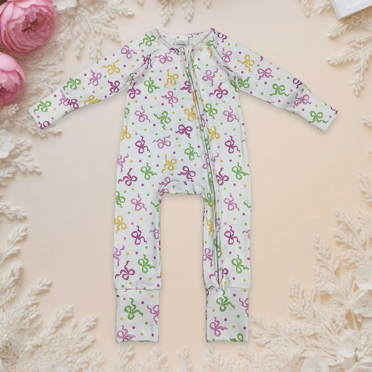 

Boutique Newborn Bodysuit Baby Girls Clothing Mardi Gras Bows Polka Dots Two Way Zipper Sleeper Rompers Babies Infant Clothes