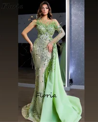 Haute Coutures Green Beading Evening Dresses Crystals Tassel Mermaid Celebrity Dress With Slit TrainDubai Engagement Party Gowns