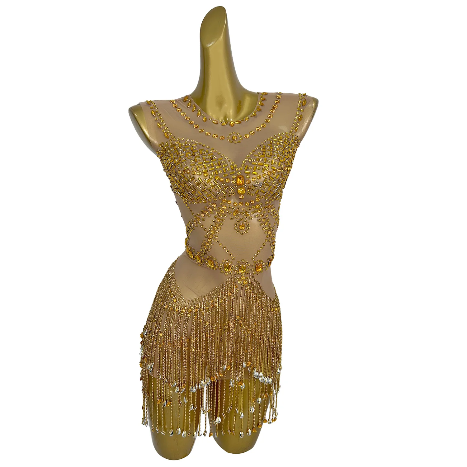 

Sexy Gold Silver Diamonds Tassel Short Cocktail Prom Dress Women Birthday Party Pencil Dress Ladies Bodycon Mini Nightclub Dress