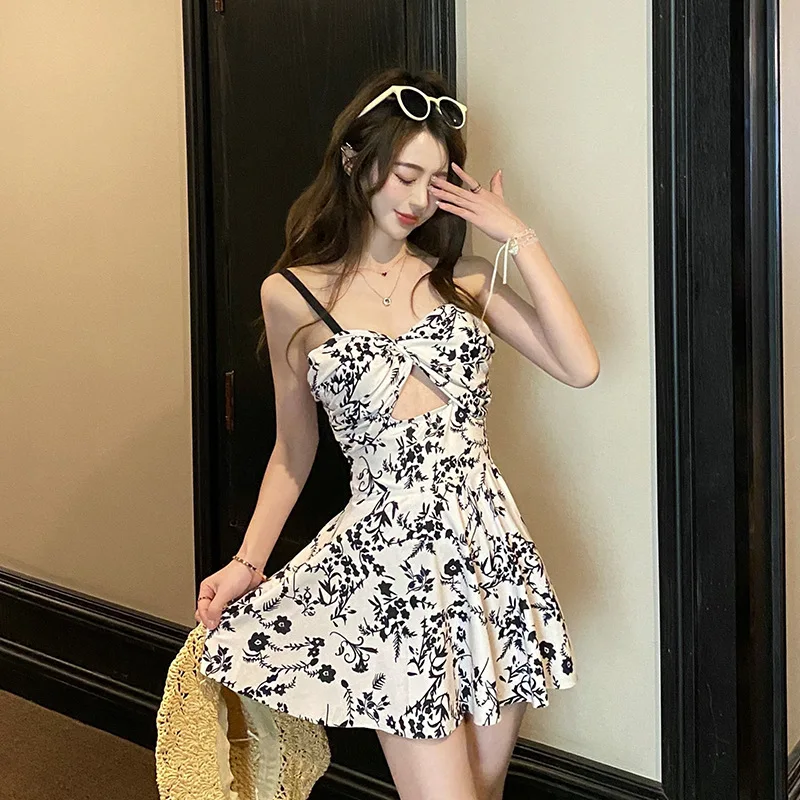 

Sexy Women One Piece Swimsuit with Skirt Printed Floral Swimwear Female Backless Bathing Suit Monokini Chest Hollowed Out Suit