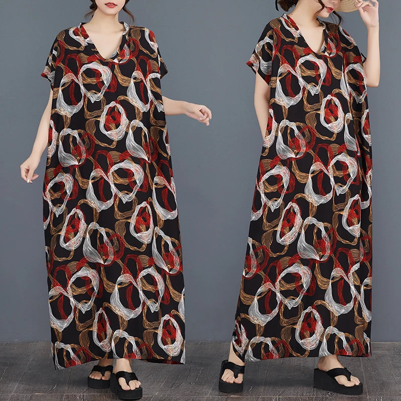 Gaun katun sutra longgar model batwing dengan kerah V, motif print, untuk wanita, cocok untuk liburan musim panas, dengan lengan panjang lurus.