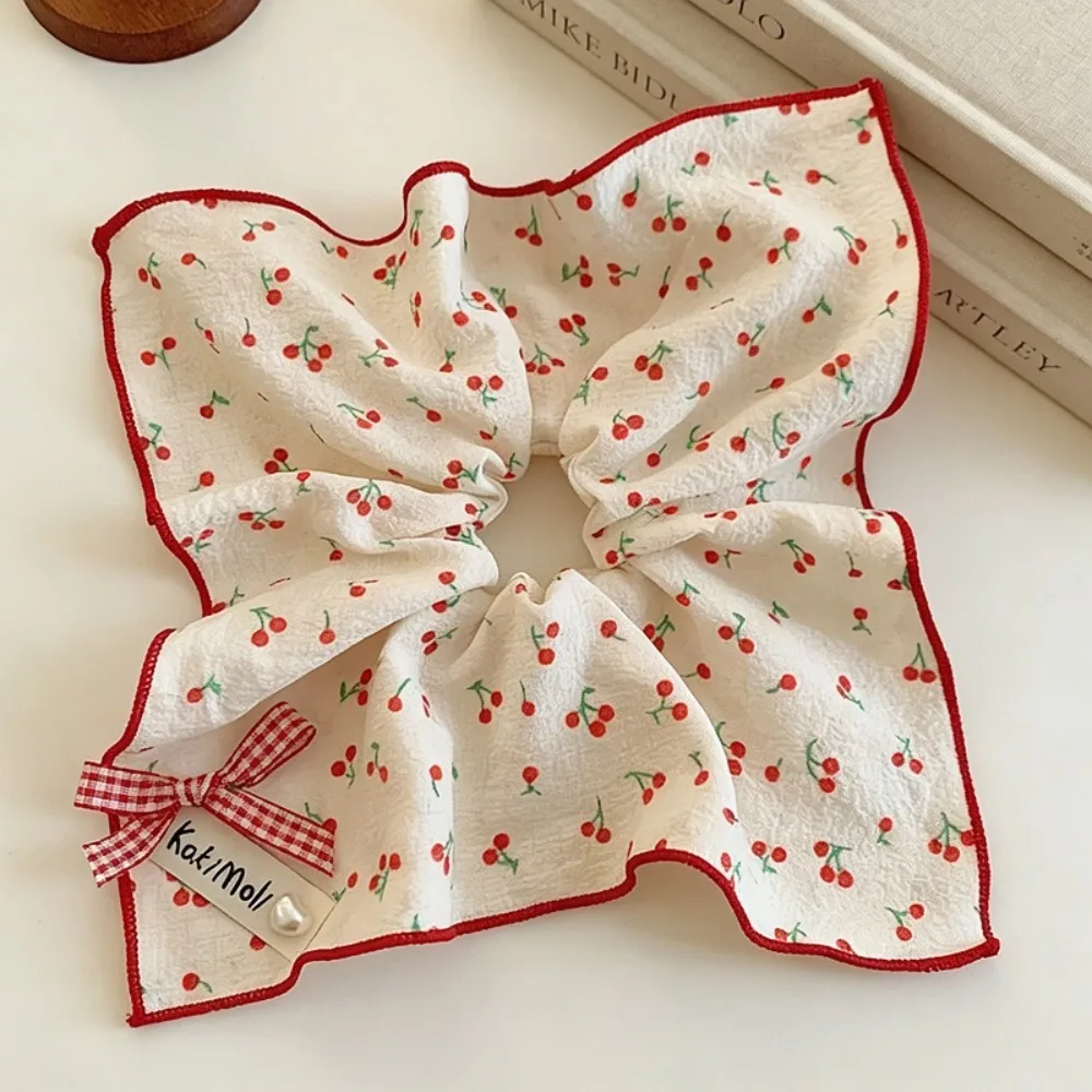 1pc Fresh Mini Cherry Floral Big Square Scrunchies Gingham Ribbon Bow Cloth Hair Ties Fresh Casual Hair Accessories Ladies