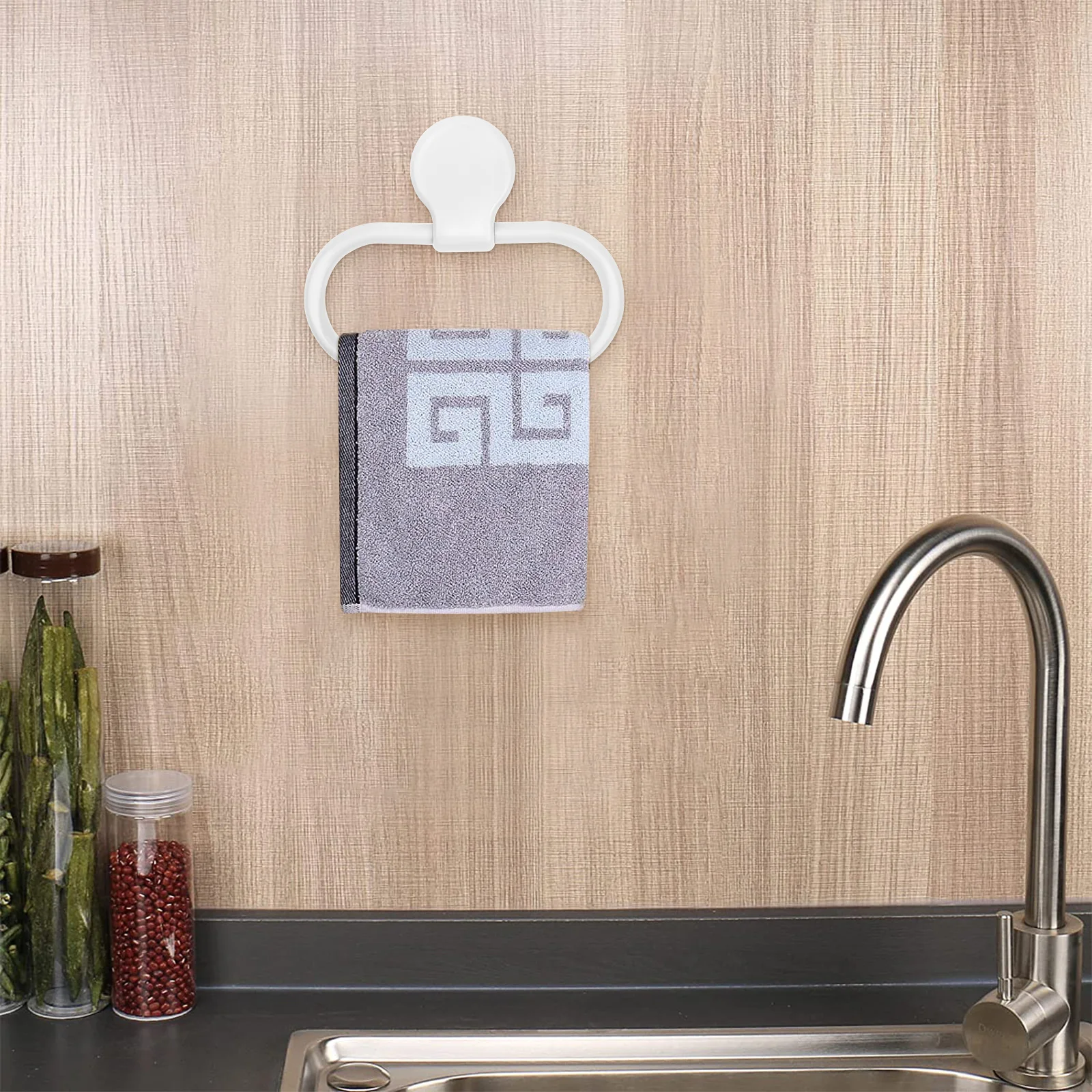 

White Towel Ring Self-Adhesive Heavy Duty ABS No Drill Installation Bathroom Towel Holder Kitchen Use Convenient