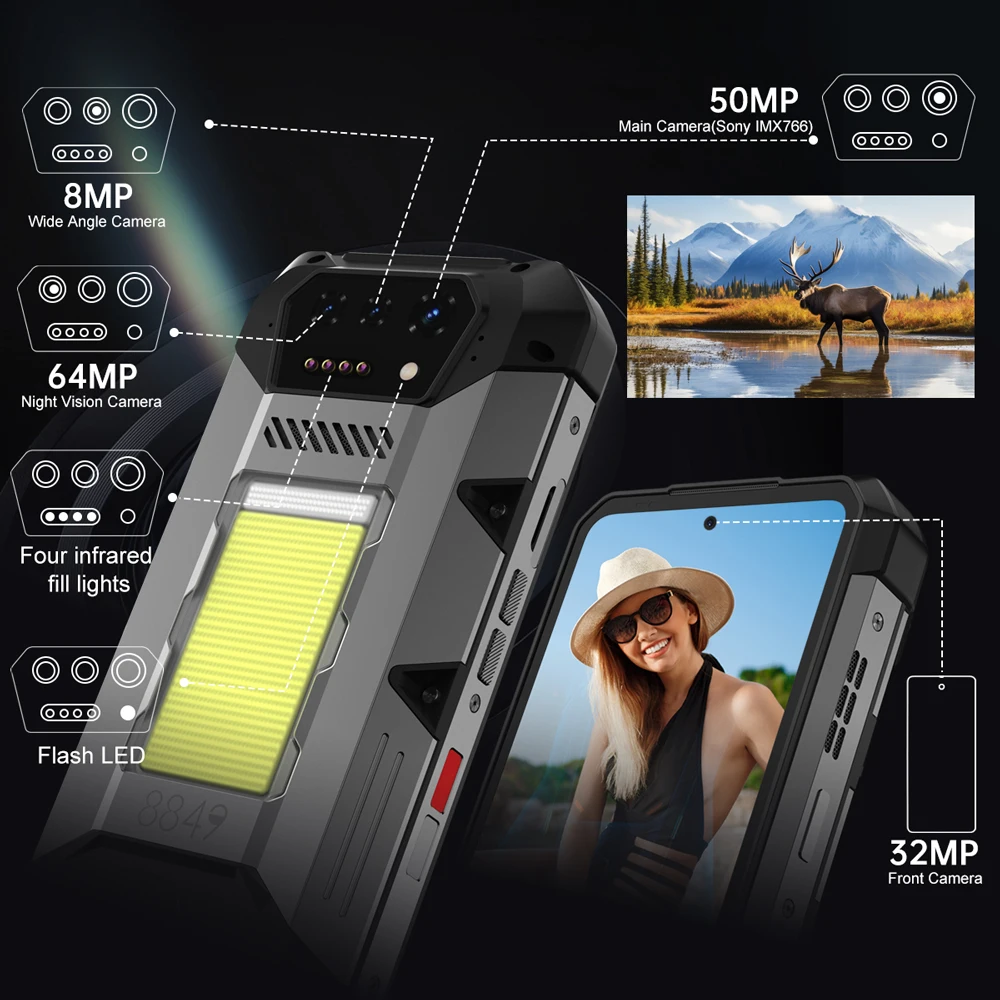 8849 Hike Unihertz هاتف ذكي متين 23800mAh 1200Lumens مصباح يدوي 24GB + 512GB قابل للتوسيع 2TB Android14 شريحتين 6.78 بوصة 120 هرتز #6