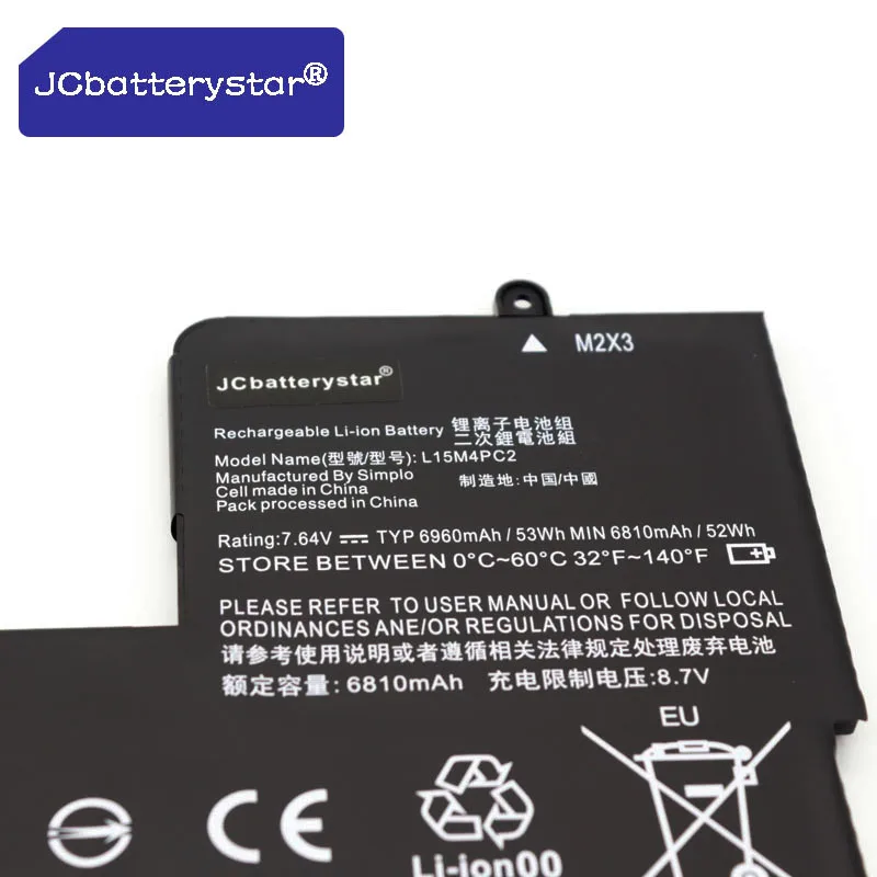 JCbatterystar high quality 7.64V 52WH Laptop Battery 5B10K90802 L15L4PC2 L15M4PC2 For Lenovo For Yoga 710