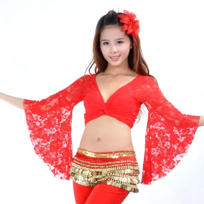 ผู้หญิงดอกไม้ลูกไม้ Top Wrap Tie Choli เสื้อผ้าพันคอยักไหล่เสื้อสเวตเตอร์ถัก Belly Dance เครื่องแต่งกาย 3/4 Flared แขน Crop Shawl Dancewear