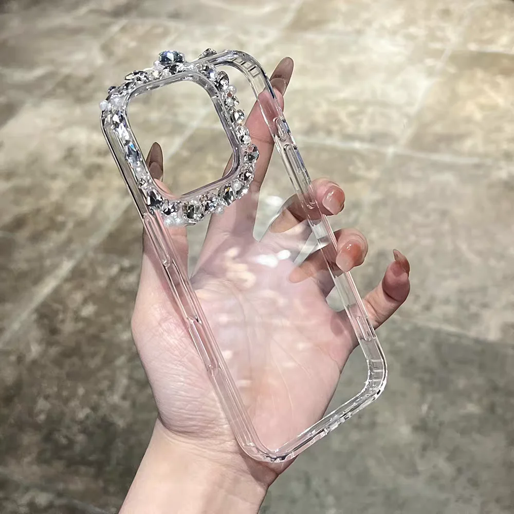 

Handmade Sparkly Rhinestone Frame Phone Cover for iphone 17 16 15 14 13 12 11 Pro Max Transparent Acrylic Protection Cover