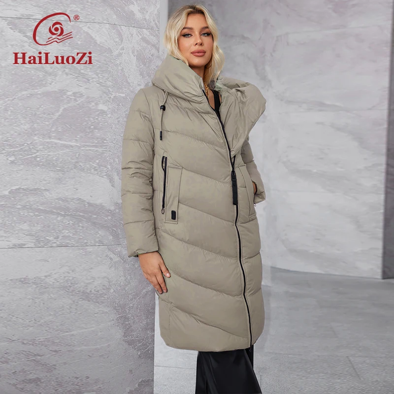 HaiLuoZi 2024 New Women\'s Winter Cotton Jacket Slash Pockets Hooded Warm Parka Solid Color Quilted Women\'s Jacket 1318