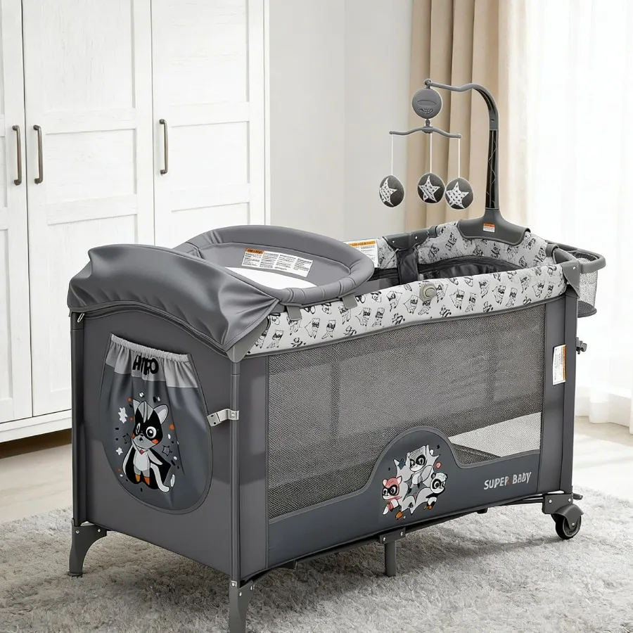 

4 in 1 Pack and Play Baby Bassinet Bedside Crib Sleeper for Newborn to Toddlers Portable Crib with Changing Table Zip Door Lock