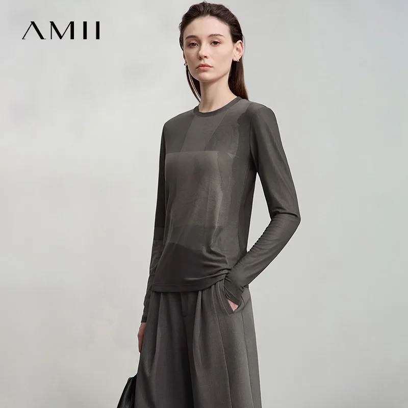 AMII Minimalist Women's Long Sleeve T-Shirt for Woman 2025 Autumn Round Neck Abstract Print Mesh Tees Casual Slim Tops 12513002