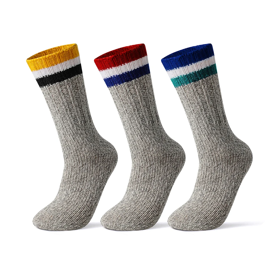 3 Pairs Merino Wool Men\'s Socks Autumn Winter Thicken Leg Warm Outdoor Sports Hiking Riding Fashion Striped Mid-calf Socks