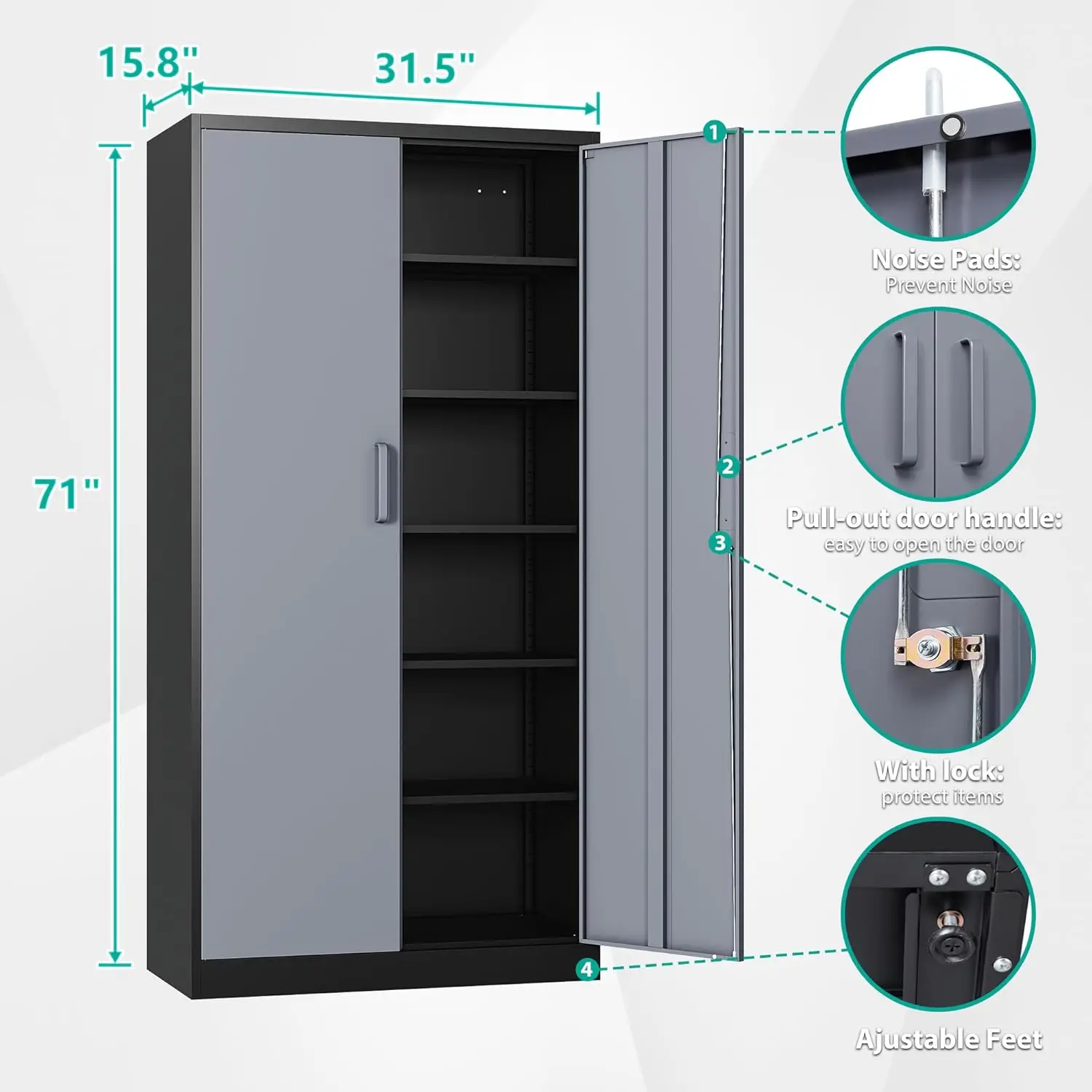 Gabinete de almacenamiento de garaje de metal con 5 estantes ajustables, gabinete de almacenamiento de metal con cerradura, gabinete de metal con puertas cerraduras, 71