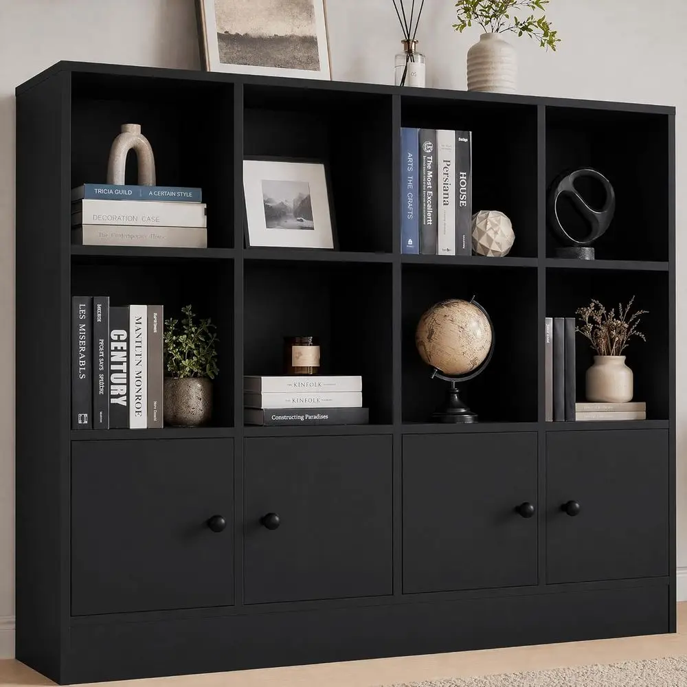 Black Wood Bookcase, 12 Cube Display Shel with 4 Do, 3 Tier Open Bookshel with Adjustable Shelves or Living Room, Home Oice, Ent