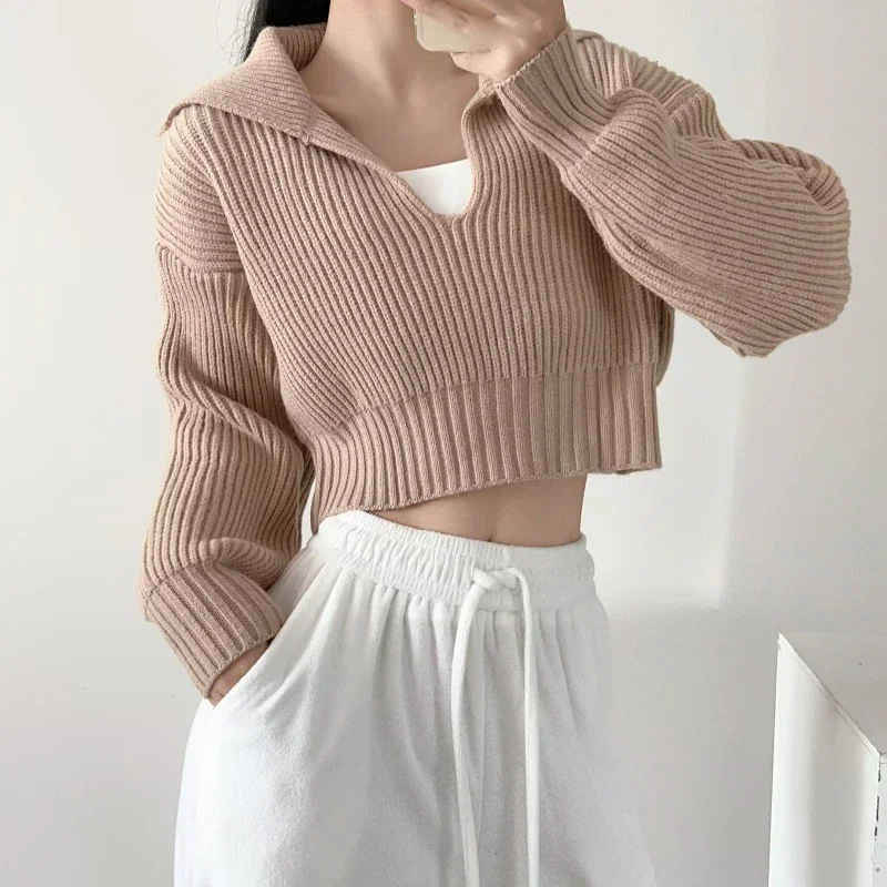 Women Turn Down Collar Sweaters Spliced Casual Pullovers Thick Loose Solid Full Sleeve Short Jumpers Elegant Lady Knit