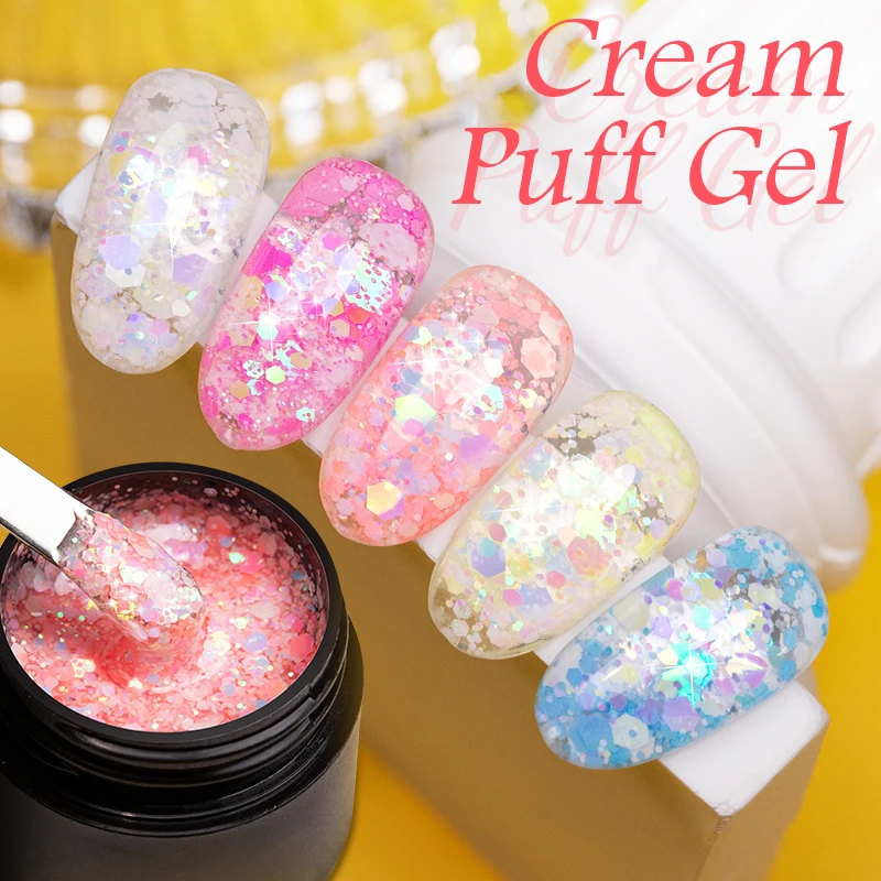 AWStorG 5ml Cream Puff Glitter Gel Nail Polish Platinum Shining Mineral Sequins Soak Off UV LED Gel Nail Semi Permanent Manicure