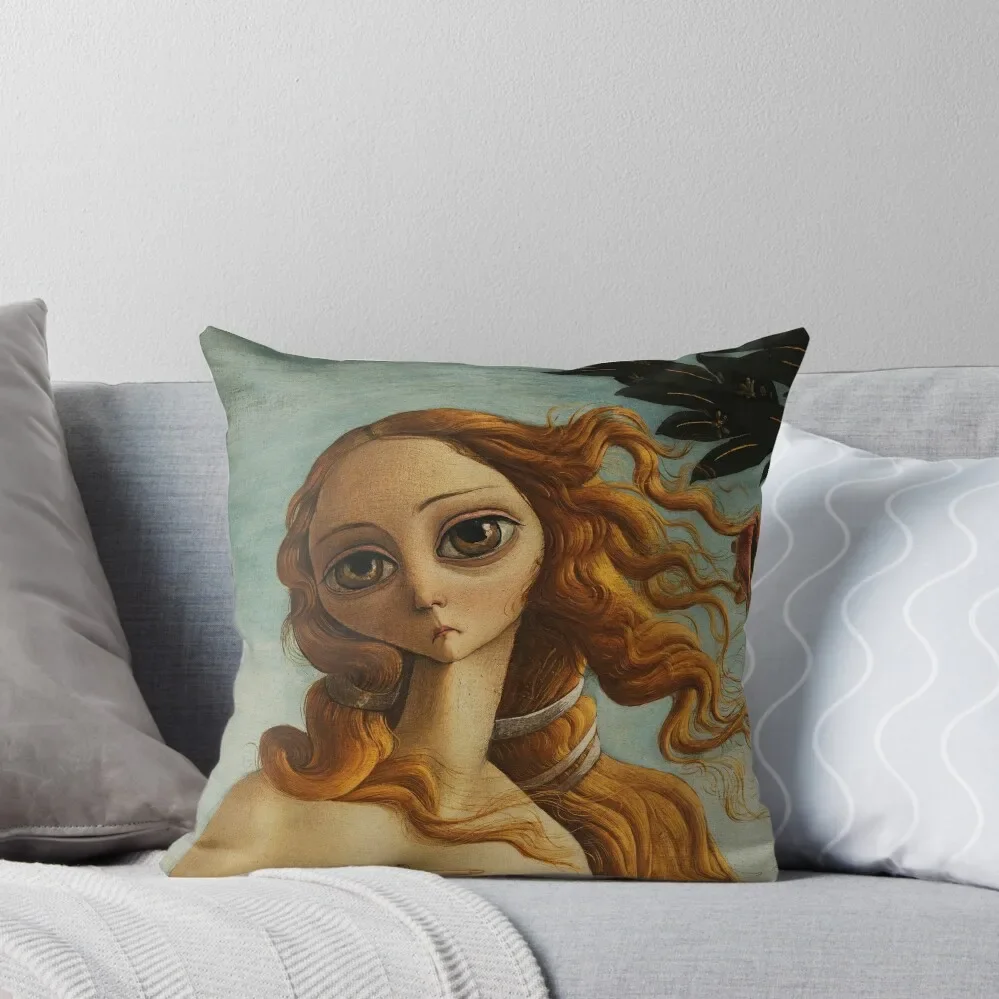 Sad, big-eyed Venus, Parody of Botticelli's The Birth of Venus, La nascita di Venere Throw Pillow Decorative Cushions pillow