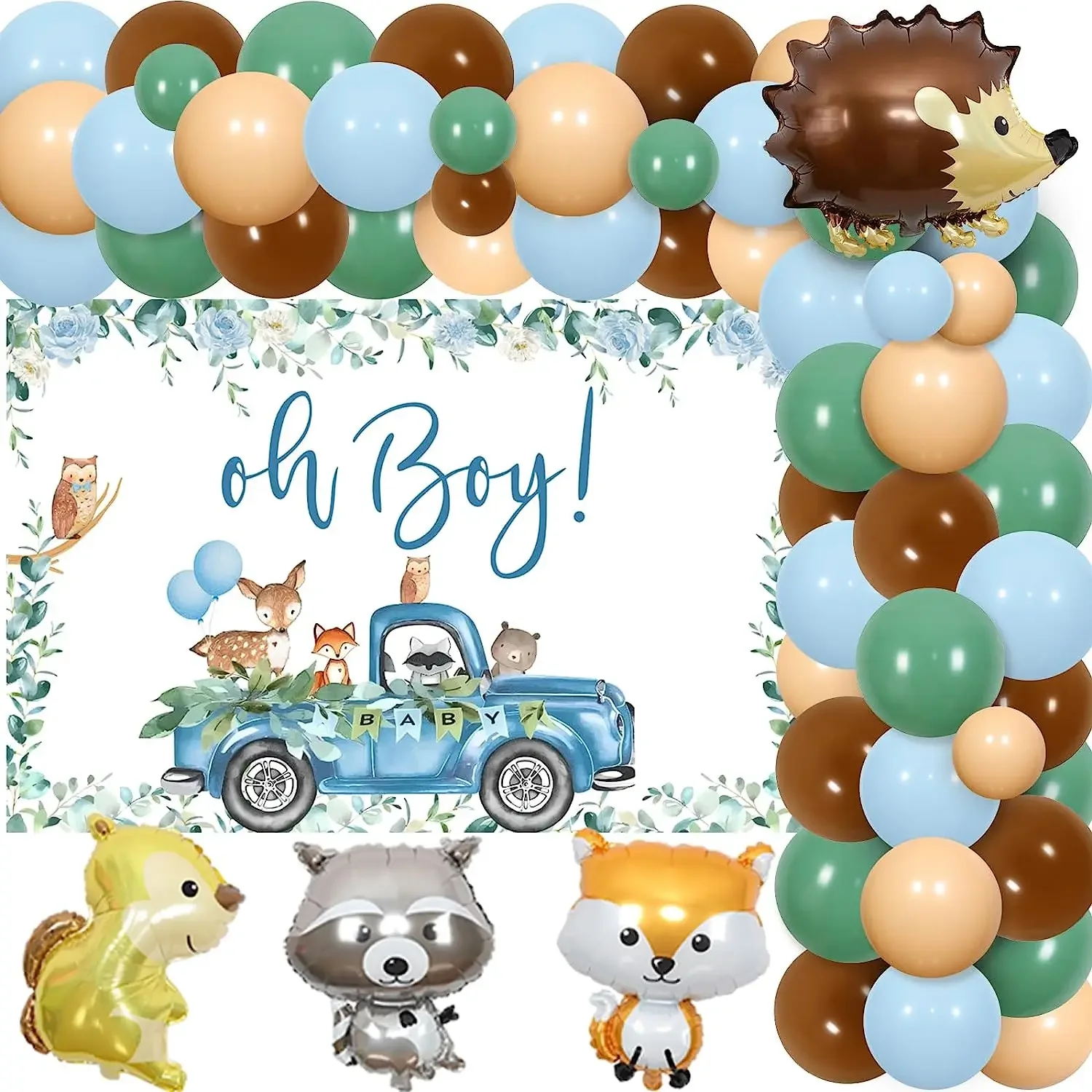 

Woodland Balloon Garland Kit with Backdrop, Forest Animals Foil Balloons, Birthday Party Decorations for Boy, Blue