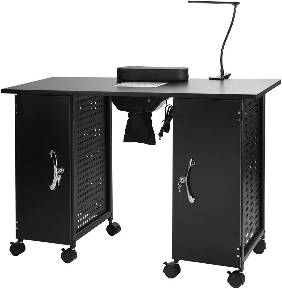 Manicure Table Nail Desk w/Electric Downdraft Vent,Iron Frame Beauty Spa Salon Workstation w/Wrist Rest,Lockable Cabinets,