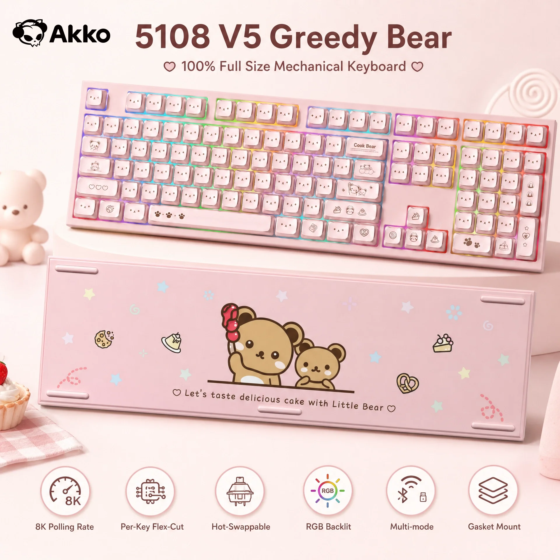 Akko 5108 V5 Mechanical Keyboard MAO Cute Bear SP Keycap 108-Key Full Size Per-Key Flex-Cut Hot Swap 8K ARGB Tri-mode Keyboard