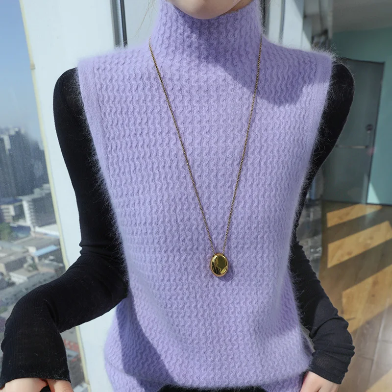 Style académique 100% vison cachemire gilet pull pull col montant sans manches tricots basique élégant femme vêtements hauts