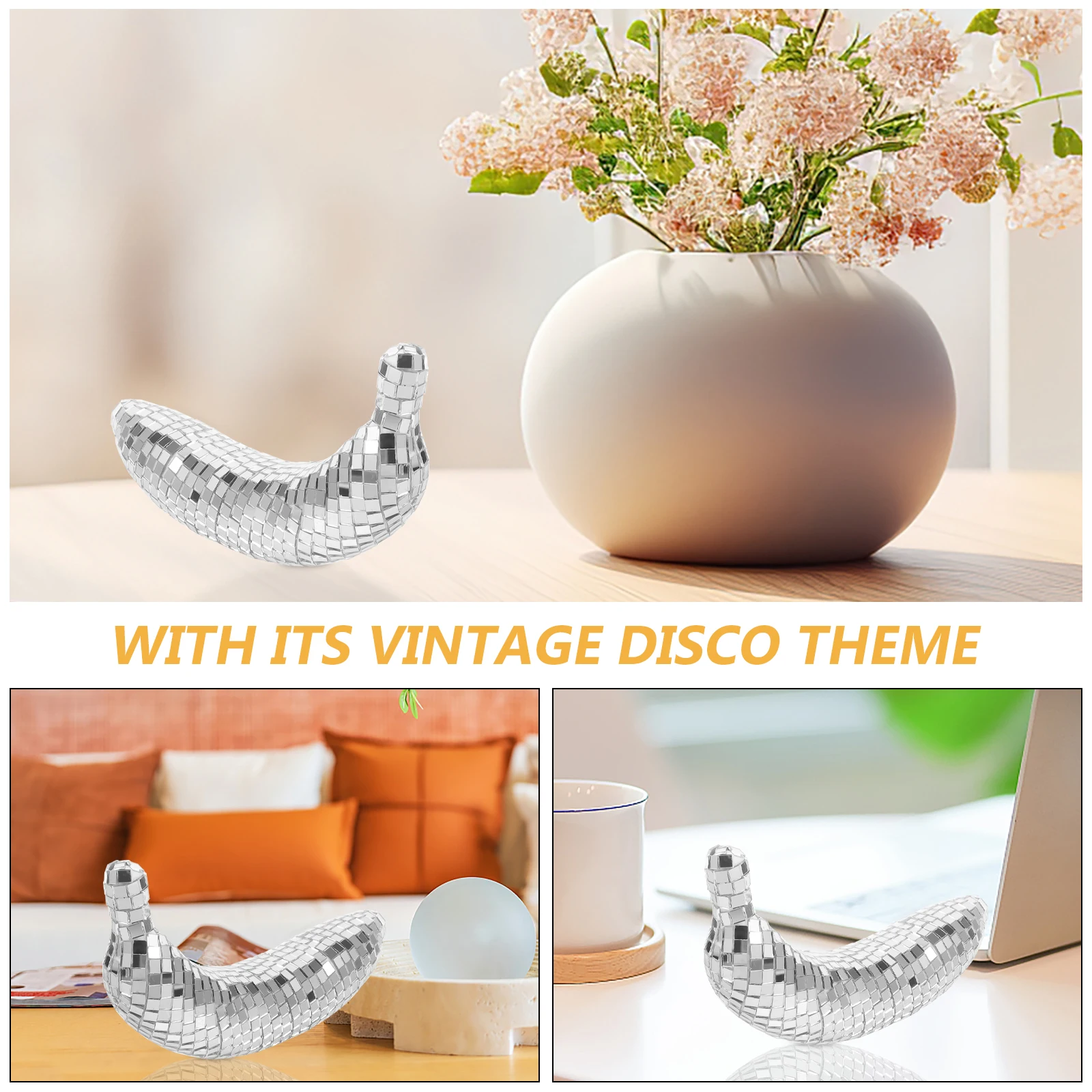 

Mirror Surface Banana Decor Vintage Disco Ornament Home Kitchen Bedroom Tabletop Fruit Artware Party Supply Statuette Reflective