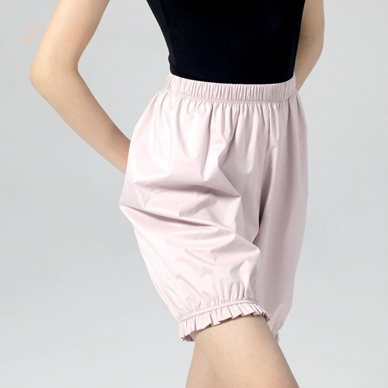 Women Coating Pink Fabric Sweating Pants for Weight Loss Middle Length Light Flounce Edge Pant Elastic Waistband Sweat Shorts